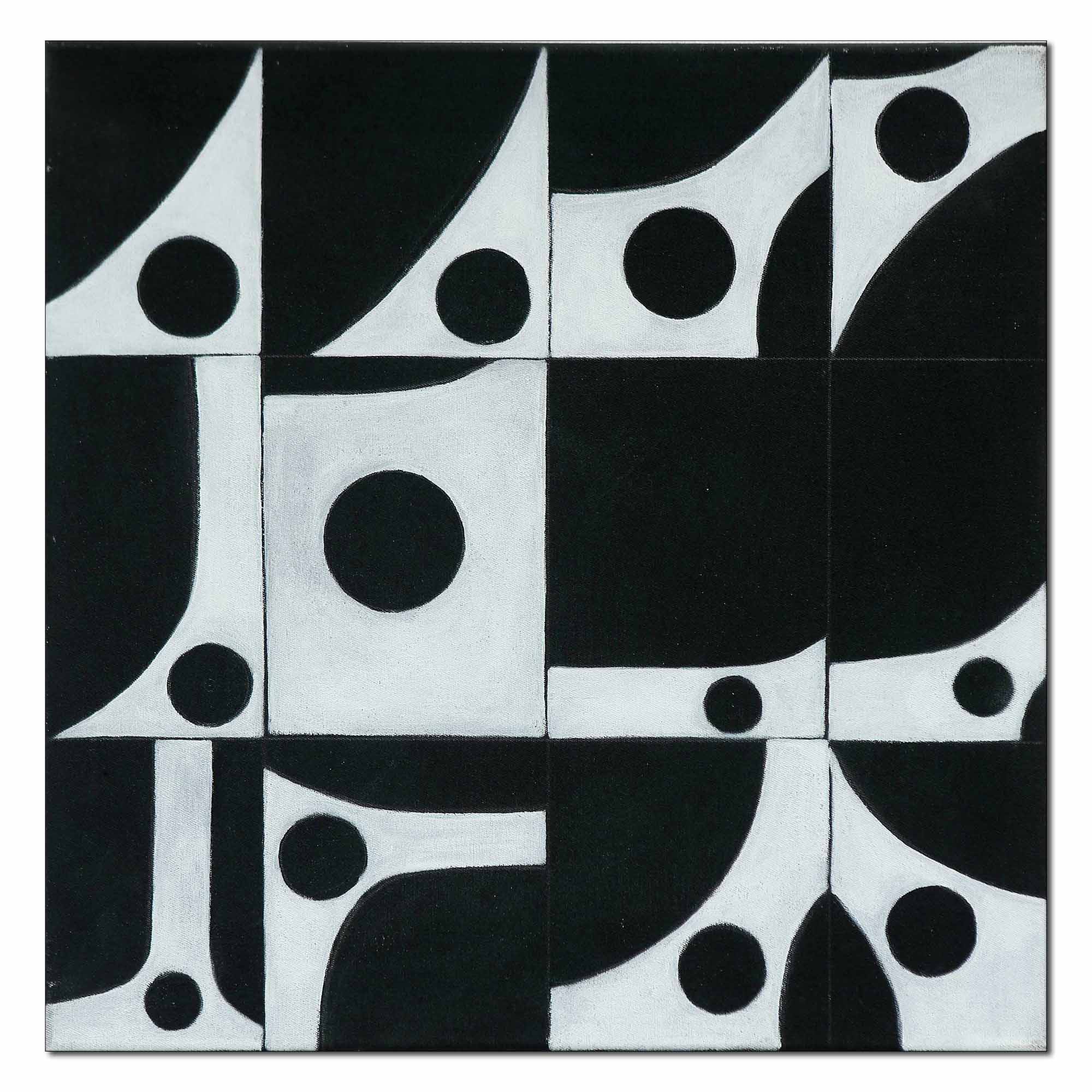 Beeldende aspecten: strak abstract zwart wit schilderij met gebogen lijnen en cirkels, abstract black and white painting with curved lines and circles