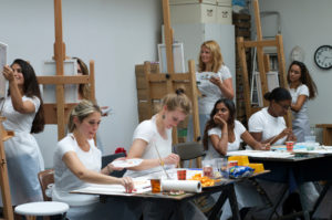 vriendinnen aan het werk achter ezels tijdens een vrijgezellenfeest met de Workshop naakt model tekenen en schilderen in Amsterdam