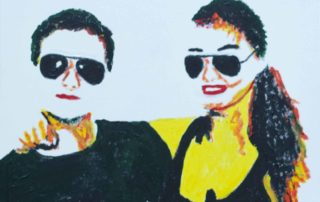 vriend en vriendin of broer en zus vereeuwigd in Andy Warhol Pop art stijl in rood, geel, wit en zwart