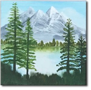 Voorbeeld schilderij voor een workshop Bob Ross met mystic mountains en happy little trees