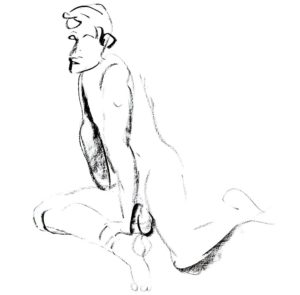 Charcoal drawing of a male model resting on his right upper leg and left knee