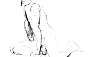 Charcoal drawing of a male model resting on his right upper leg and left knee