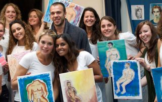the colourful paintings, the hens and the nude model at the end of the hen party for a workshop life drawing in Amsterdam